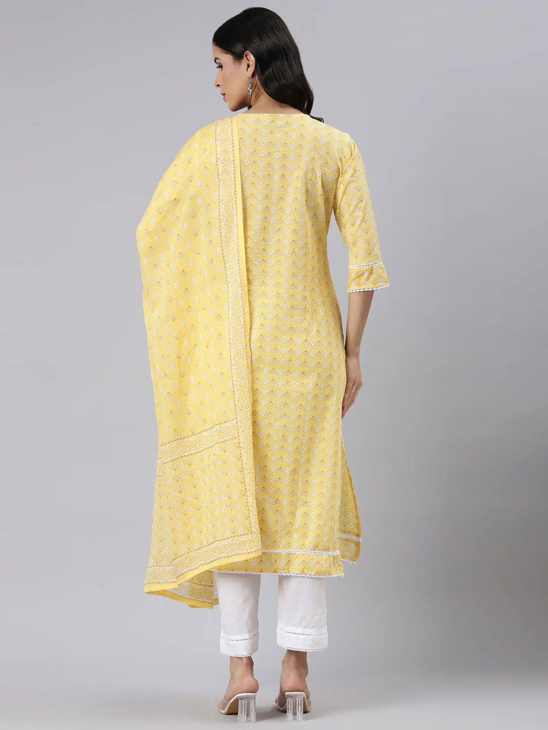 Neerus Yellow Regular Straight Printed Kurta and Trousers With Dupatta - Image 3