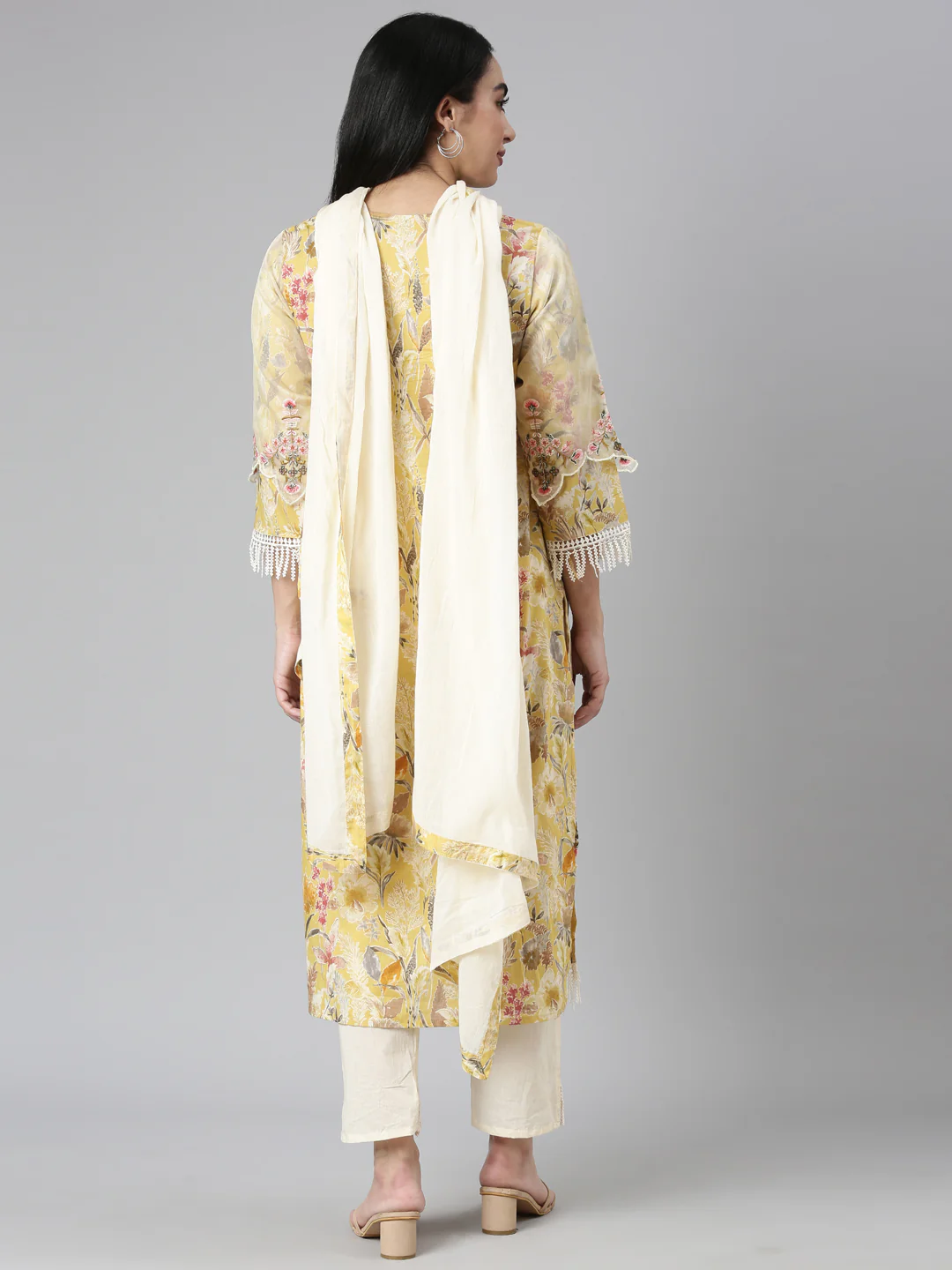Neerus Yellow Regular Straight Printed Kurta and Trousers With Dupatta - Image 3
