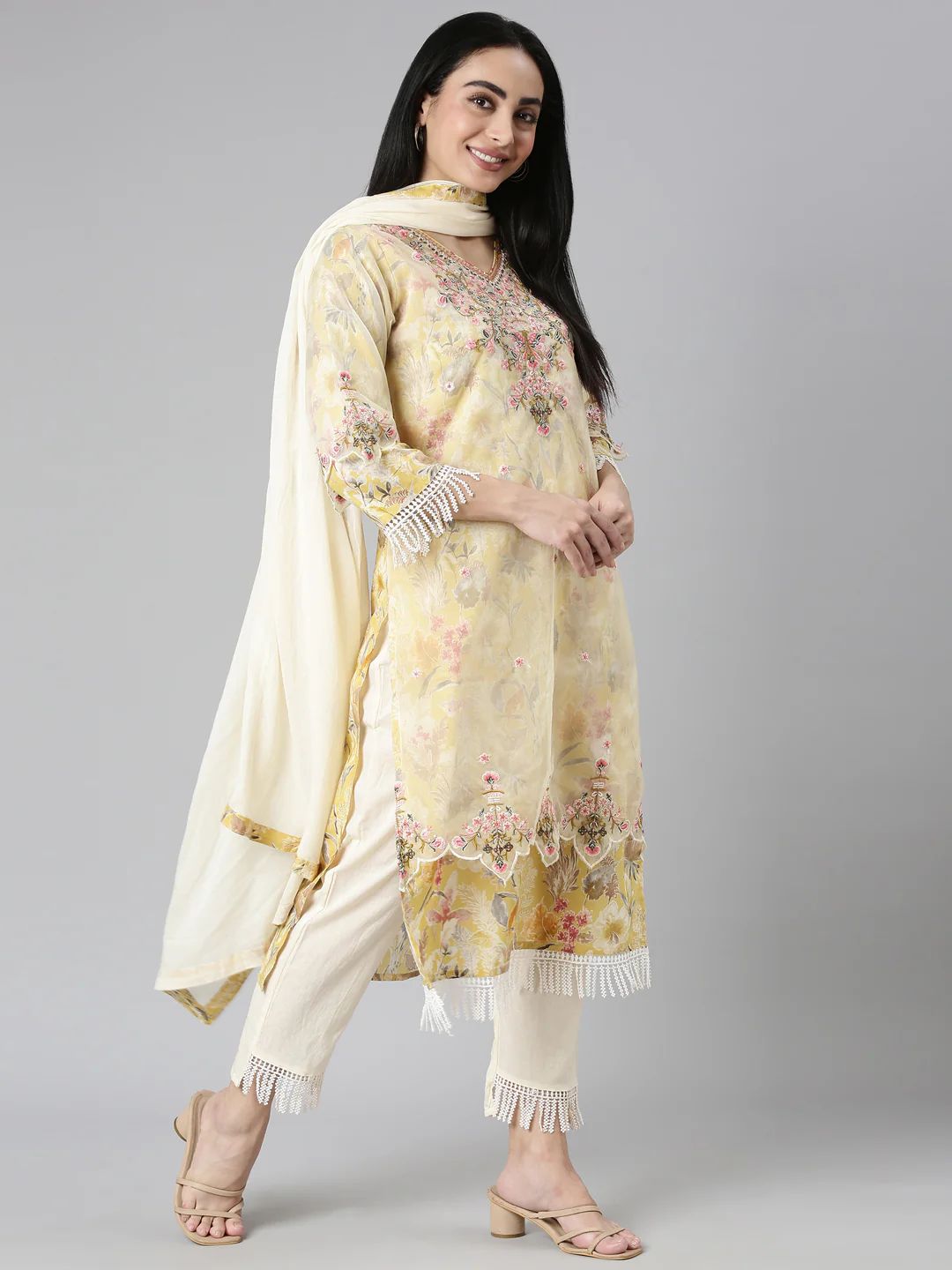 Neerus Yellow Regular Straight Printed Kurta and Trousers With Dupatta - Image 5