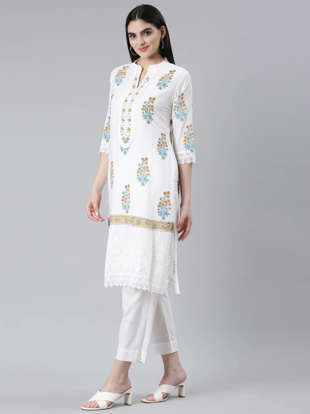 Neerus Yellow Regular Straight Printed Kurta And Trousers With Dupatta - Image 2