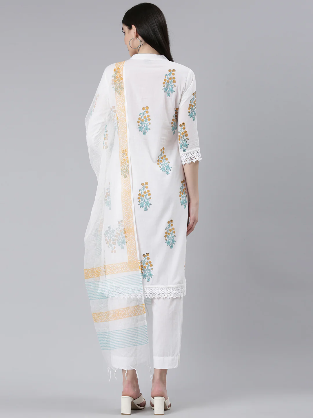 Neerus Yellow Regular Straight Printed Kurta And Trousers With Dupatta - Image 3