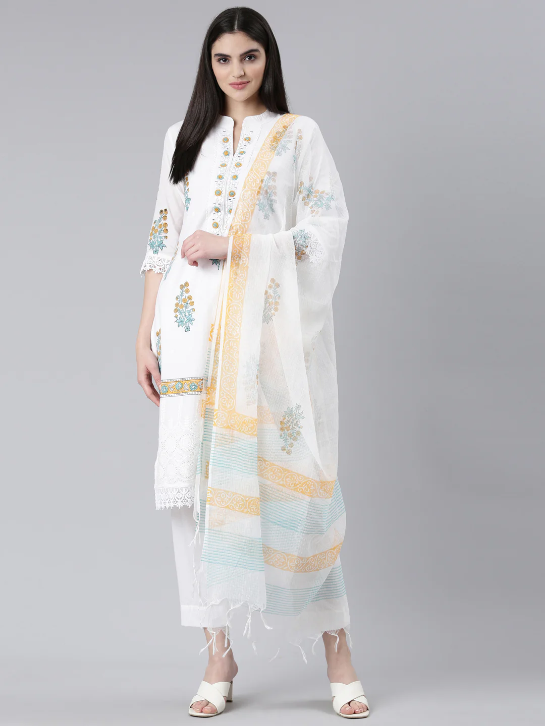 Neerus Yellow Regular Straight Printed Kurta And Trousers With Dupatta - Image 4