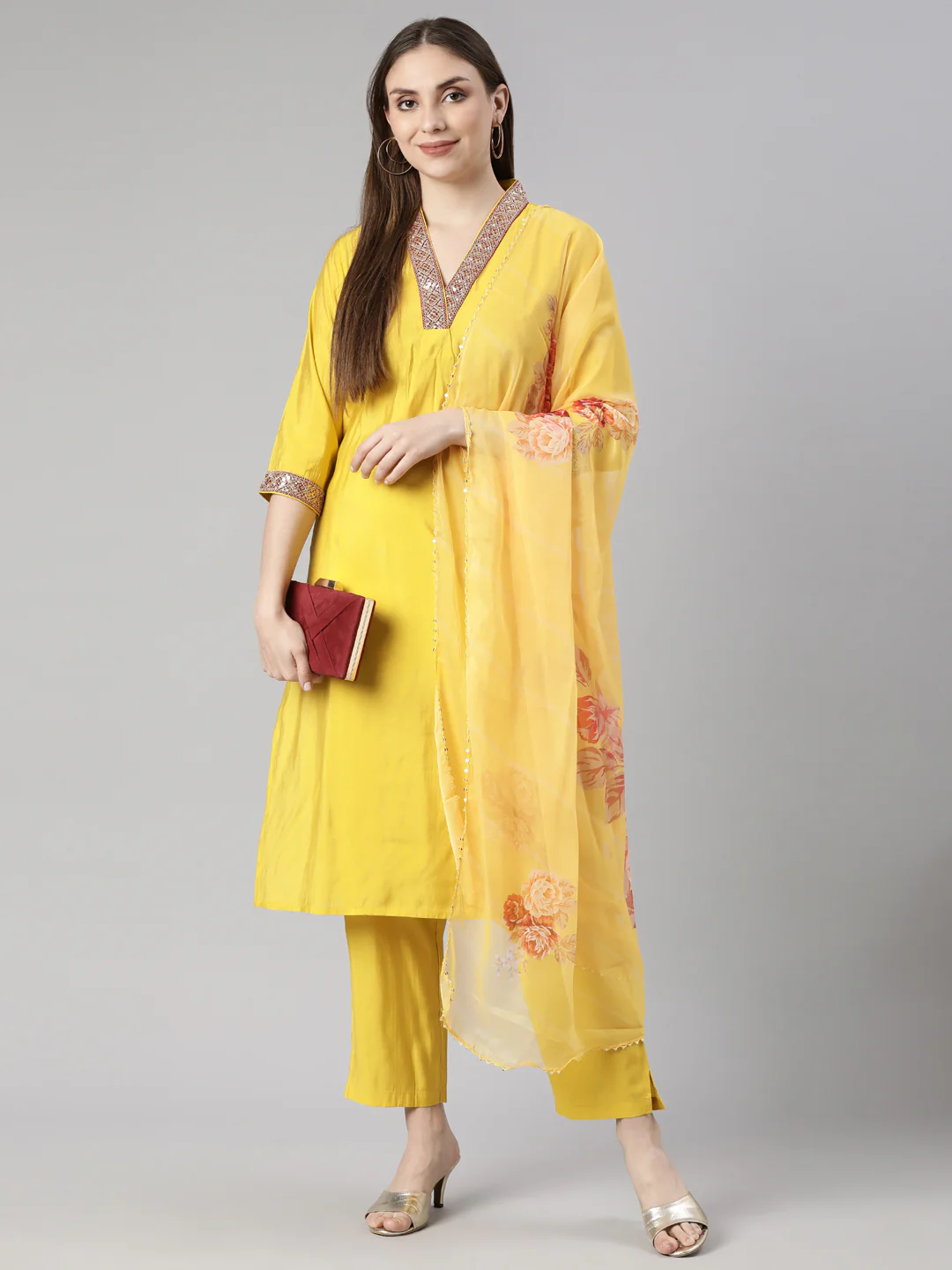 Neerus Yellow Regular Straight Solid Kurta And Trousers With Dupatta - Image 5