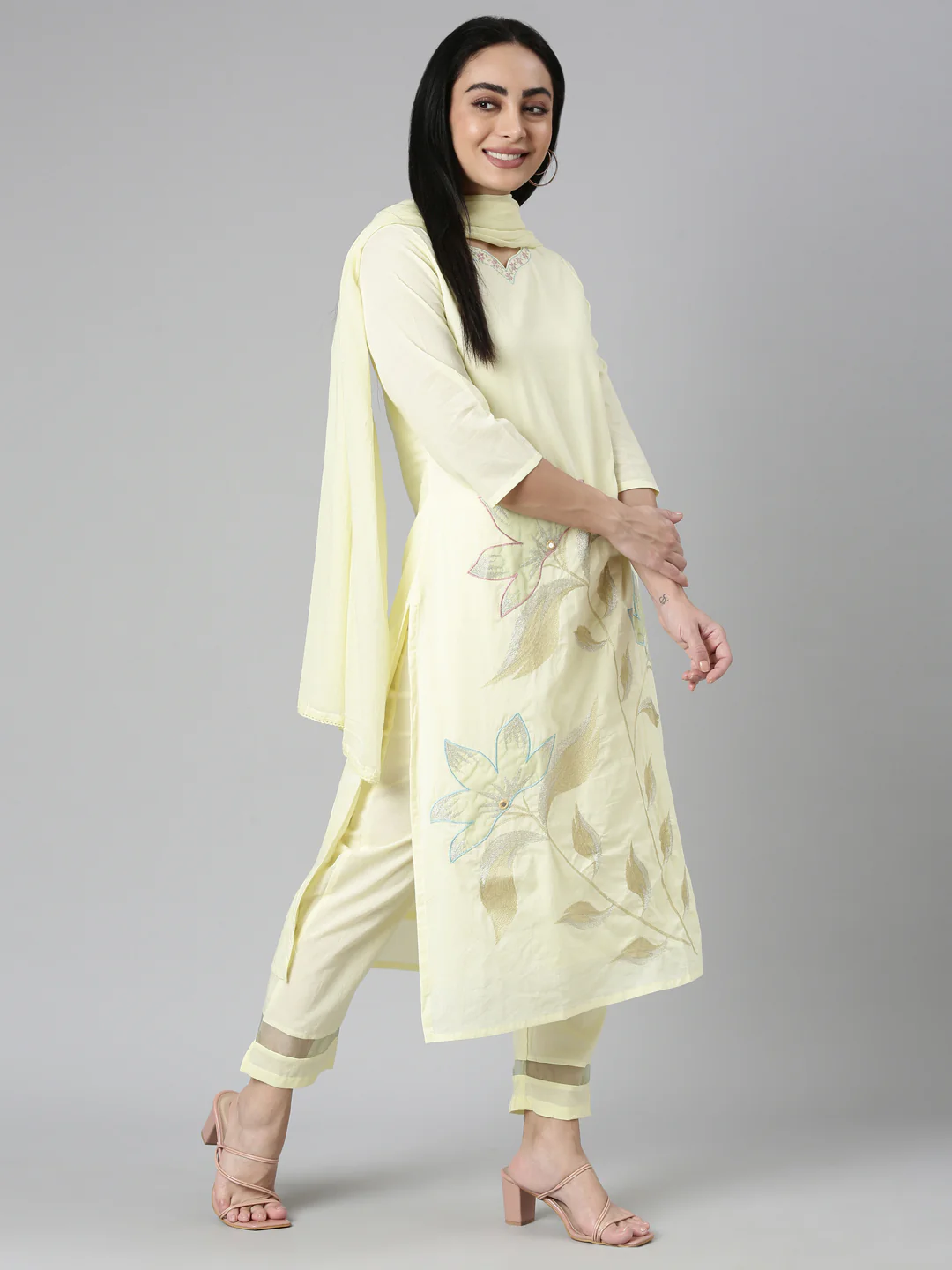 Neerus yellow Regular Straight Solid Kurta and Trousers With Dupatta - Image 5