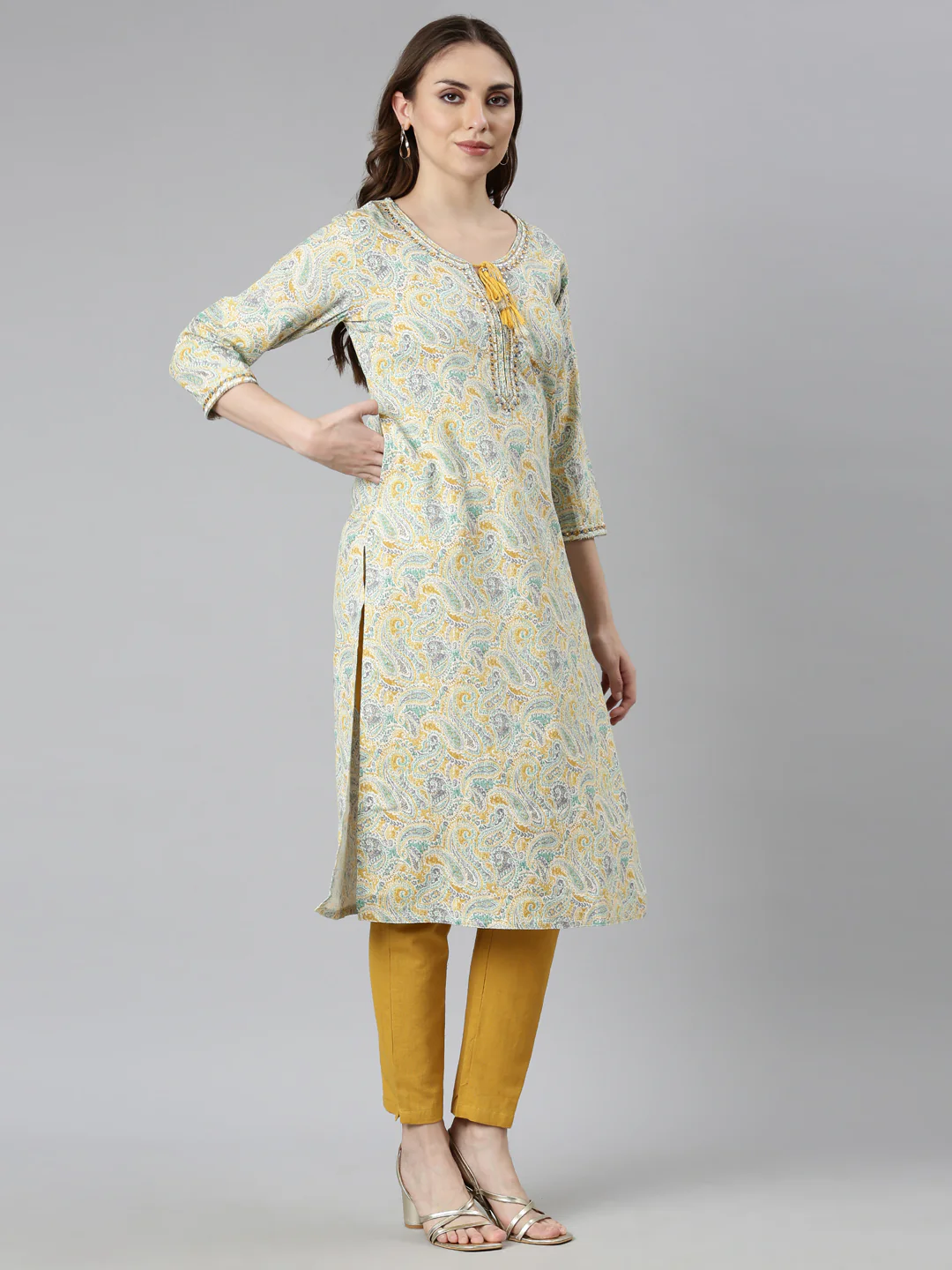 Neerus Yellow Regular Straight Woven Design Kurta - Image 2