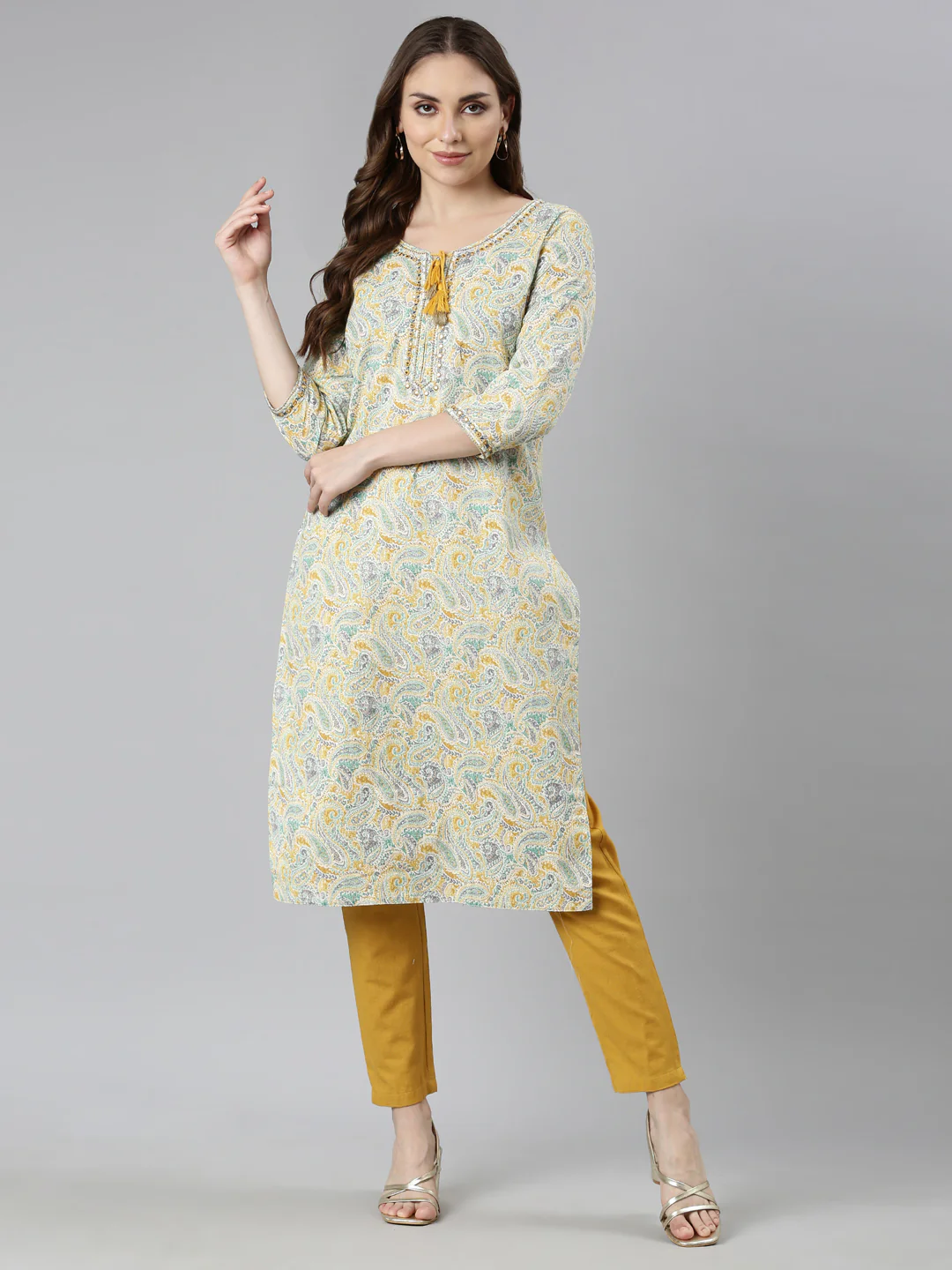 Neerus Yellow Regular Straight Woven Design Kurta - Image 4