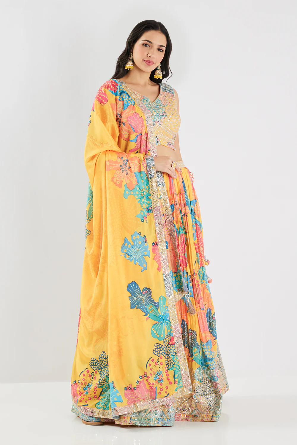 Neerus Yellow Sequence Work Chinon Fabric Ghagra Set - Image 3