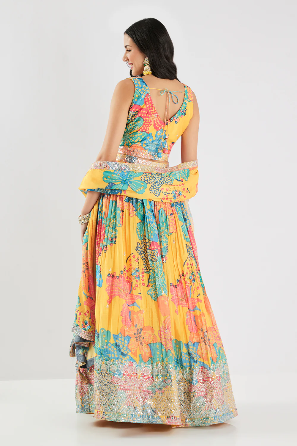 Neerus Yellow Sequence Work Chinon Fabric Ghagra Set - Image 4