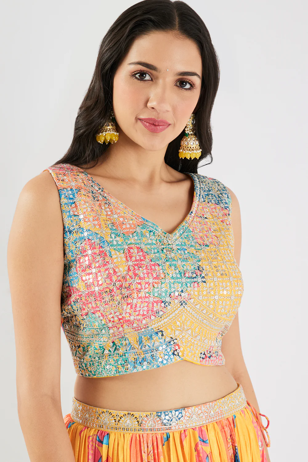 Neerus Yellow Sequence Work Chinon Fabric Ghagra Set - Image 5