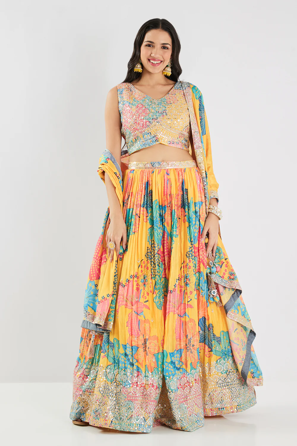 Neerus Yellow Sequence Work Chinon Fabric Ghagra Set - Image 6