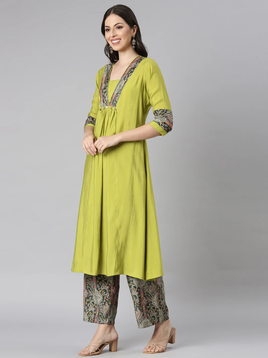 Neerus Yellow Solid Straight Kurta and Palazzos - Image 2