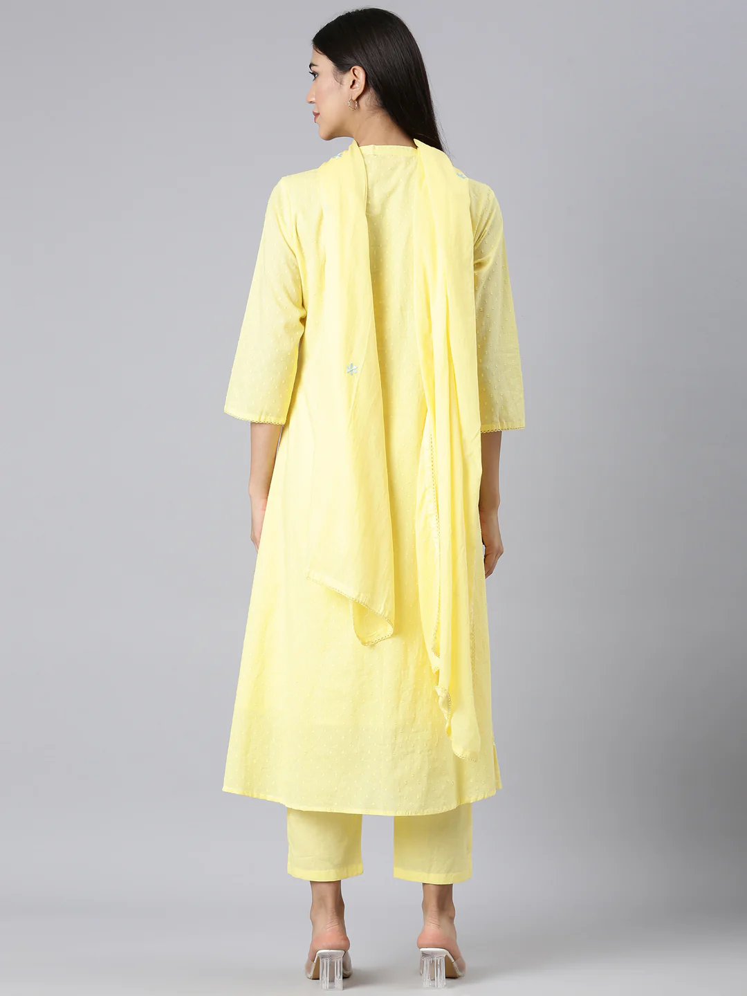 Neerus Yellow Solid Straight Kurta and Trousers With Dupatta - Image 3