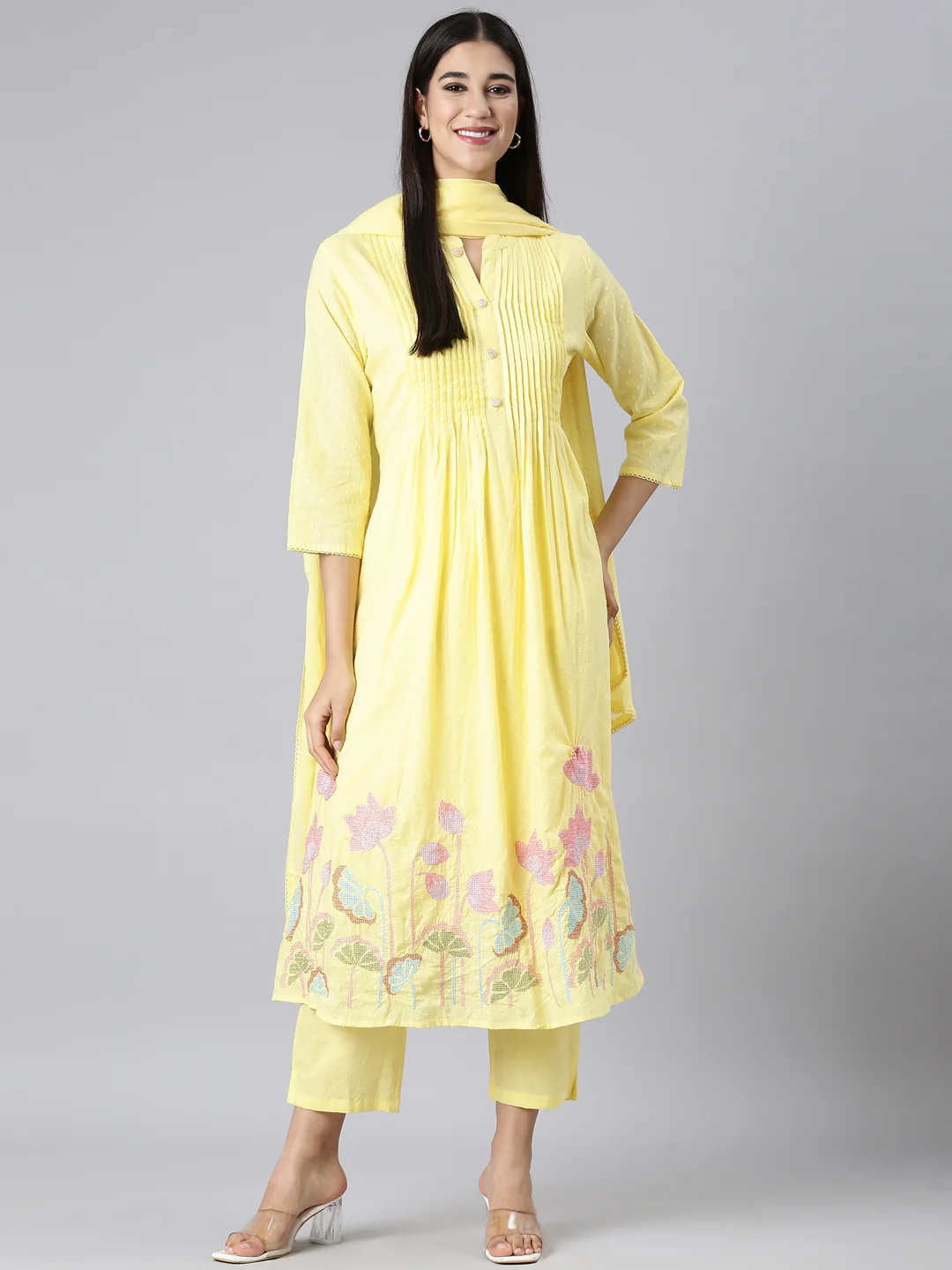 Neerus Yellow Solid Straight Kurta and Trousers With Dupatta - Image 5