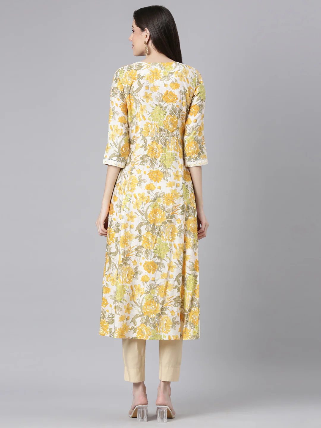 Neerus Yellow Straight Casual Floral Dresses - Image 3