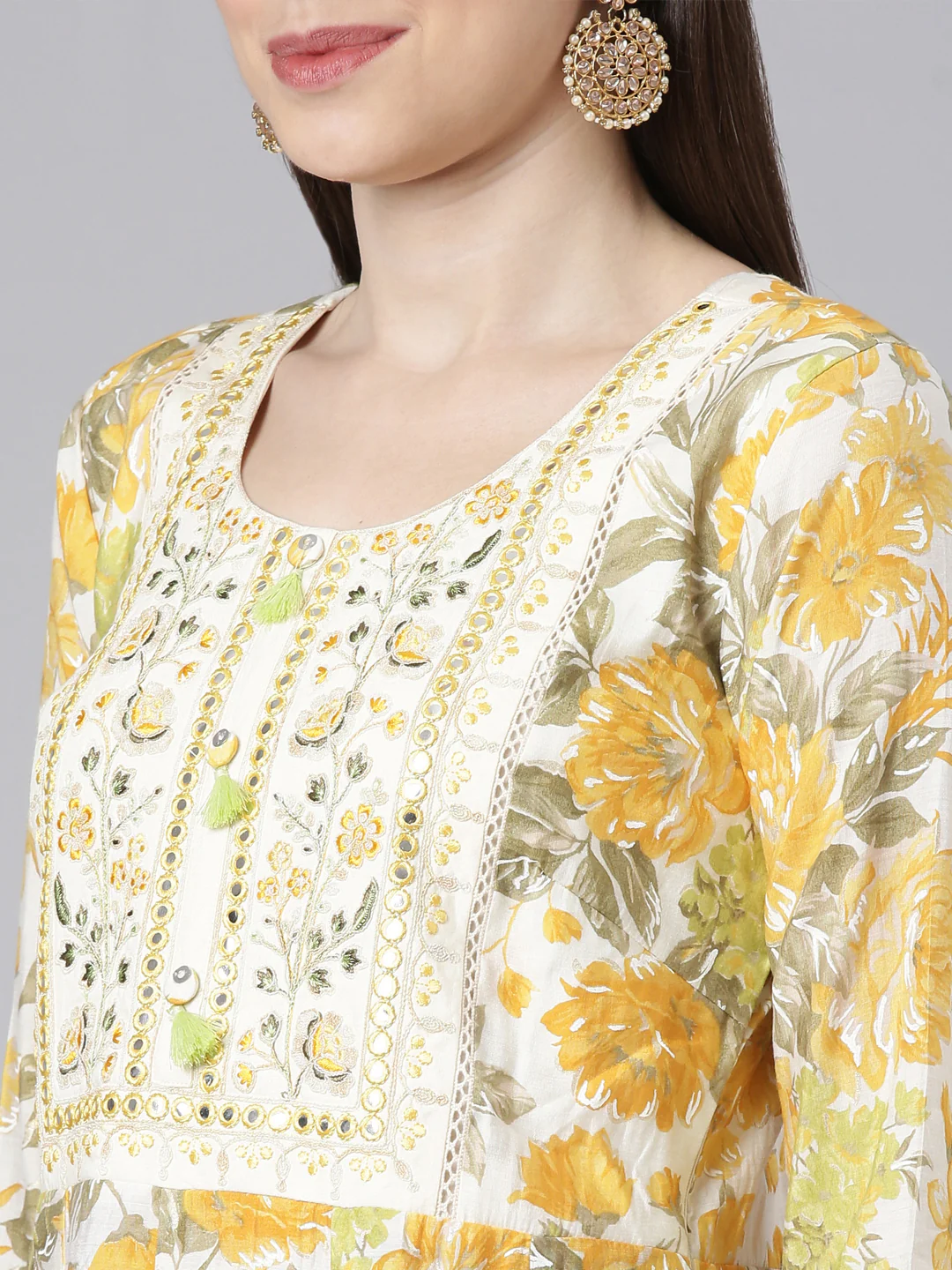 Neerus Yellow Straight Casual Floral Dresses - Image 4