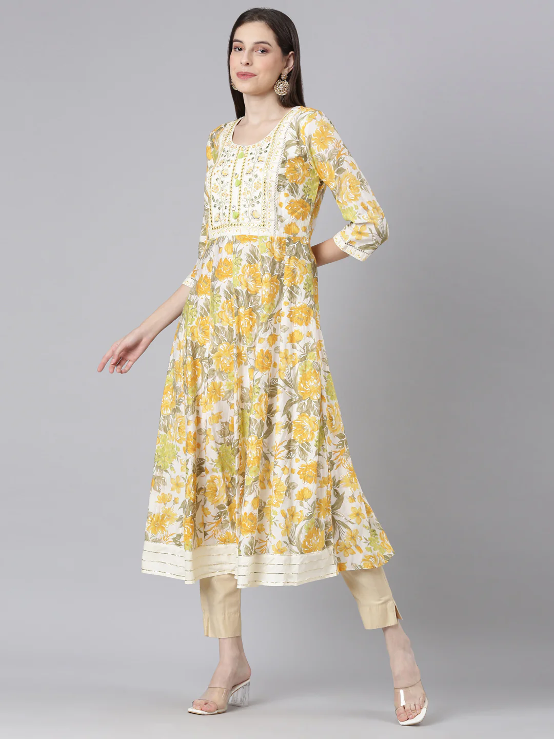 Neerus Yellow Straight Casual Floral Dresses - Image 5