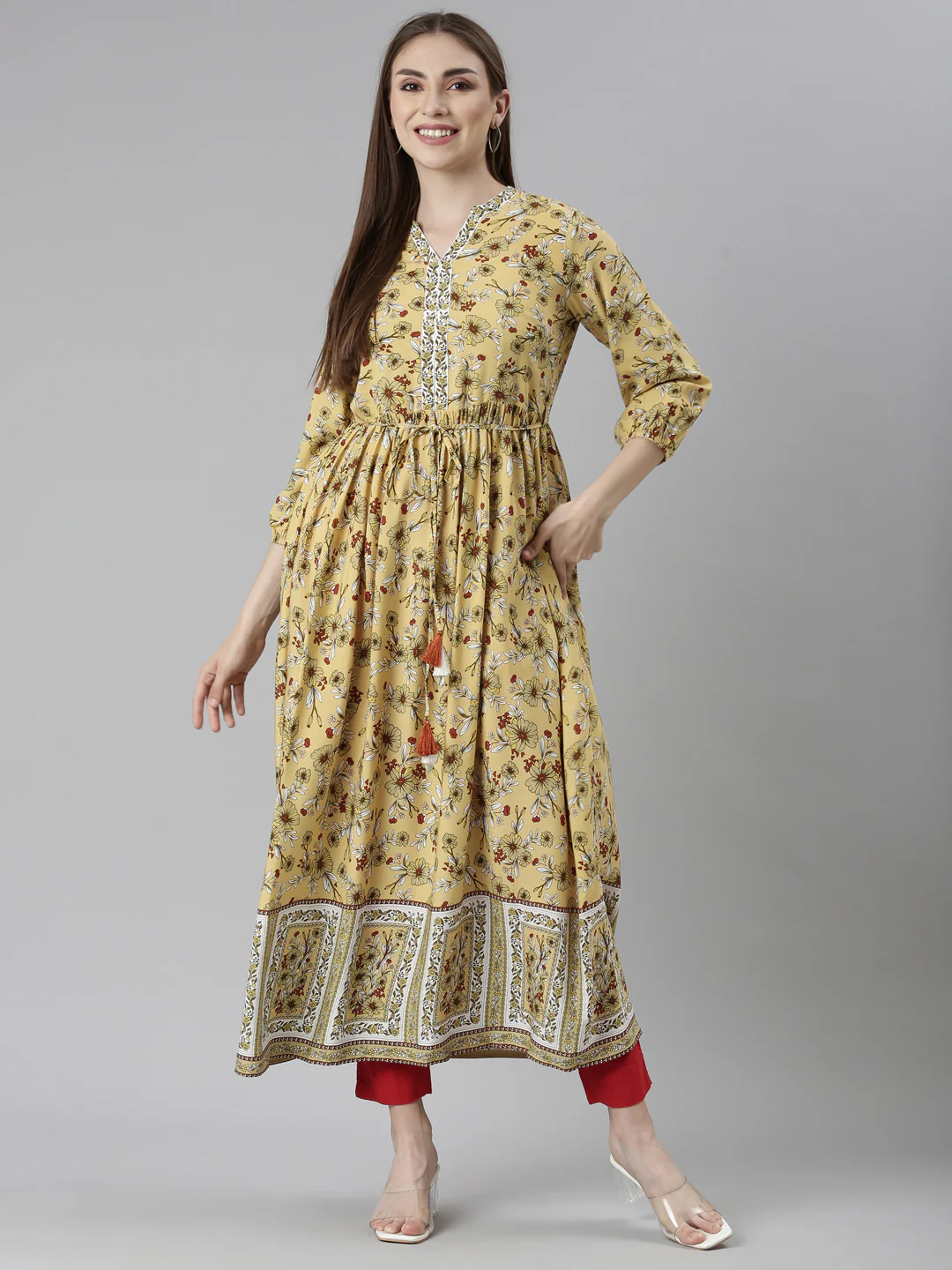 Neerus Yellow Straight Casual Floral Dresses - Image 5