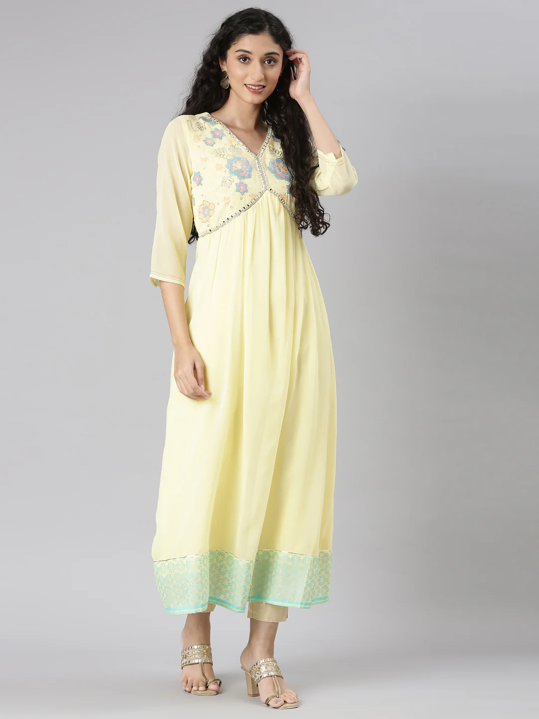 Neerus Yellow Straight Casual Floral Maxi Dresses - Image 6