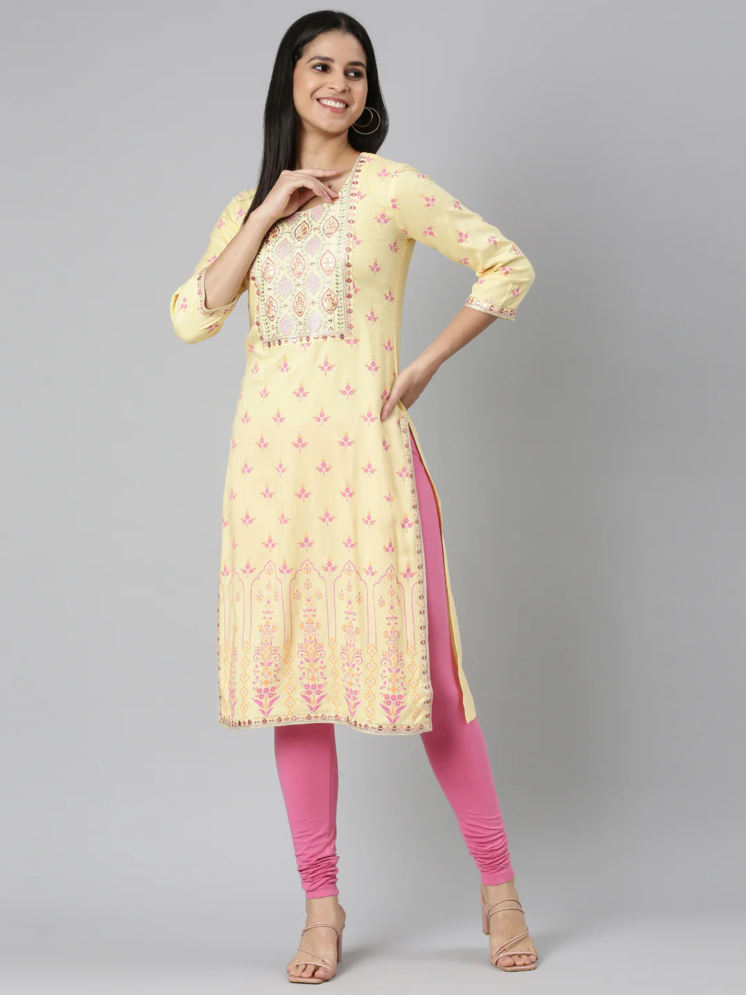 Neerus Yellow Straight Casual Floral Straight Kurta - Image 5