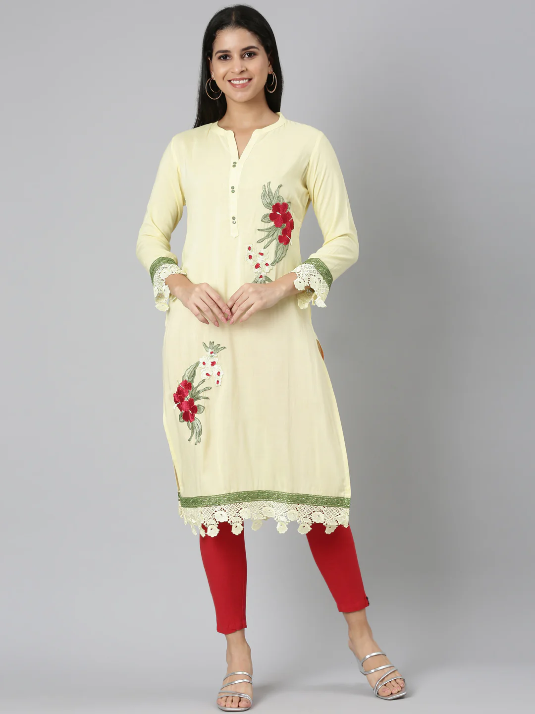 Neerus Yellow Straight Casual Floral Straight Kurta
