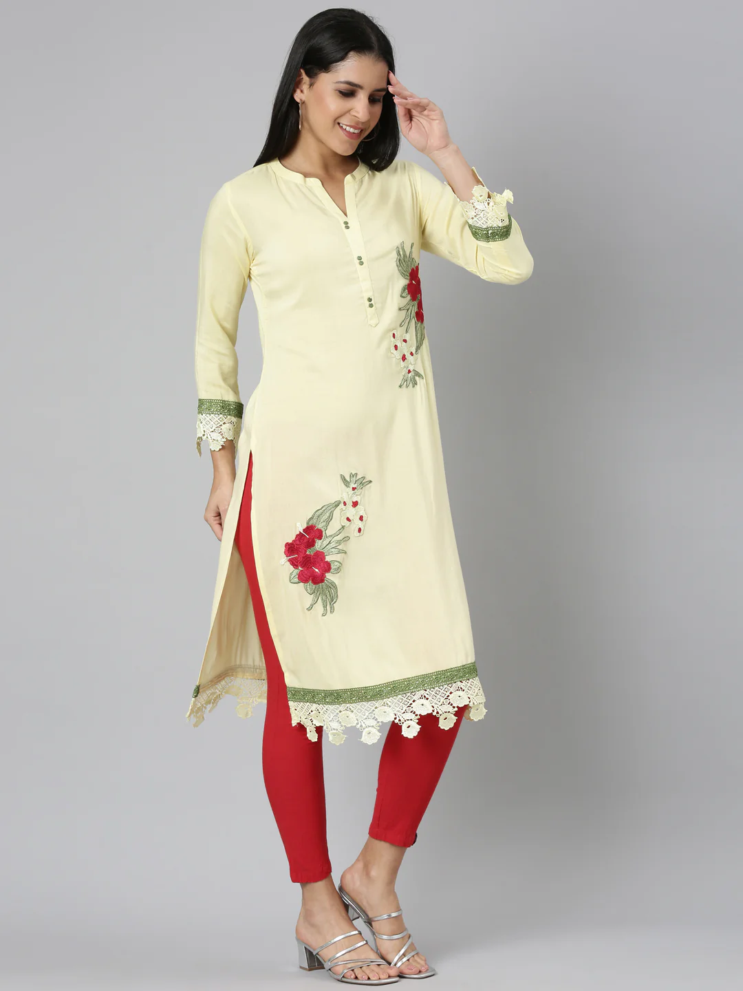 Neerus Yellow Straight Casual Floral Straight Kurta - Image 2