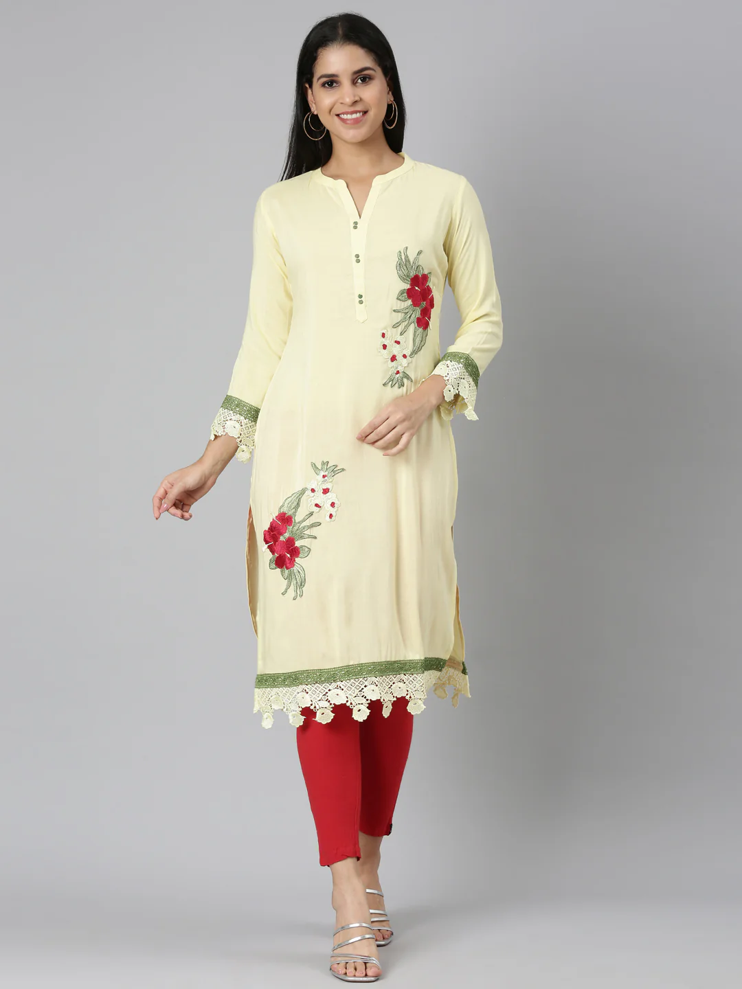 Neerus Yellow Straight Casual Floral Straight Kurta - Image 5