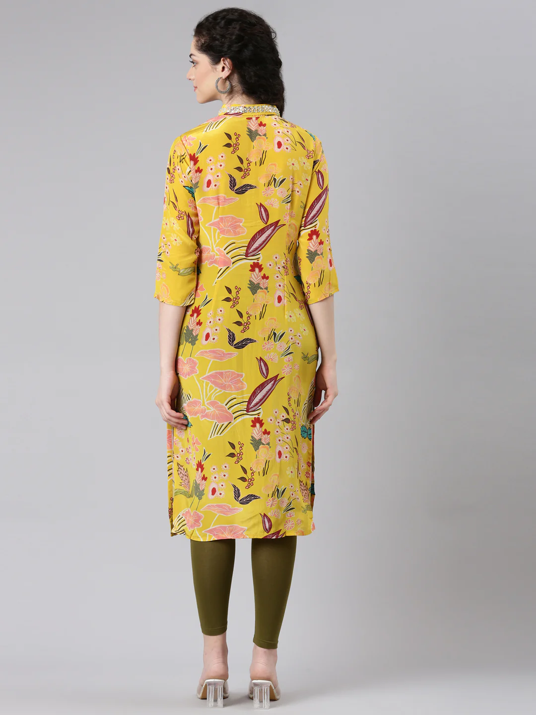 Neerus Yellow Straight Casual Floral Panelled Kurta - Image 3