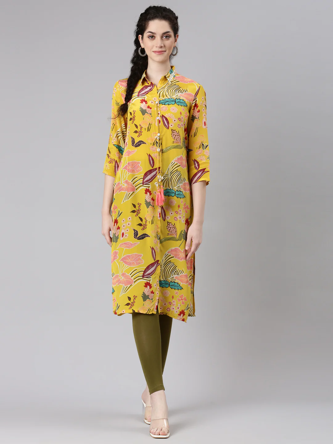 Neerus Yellow Straight Casual Floral Panelled Kurta - Image 5