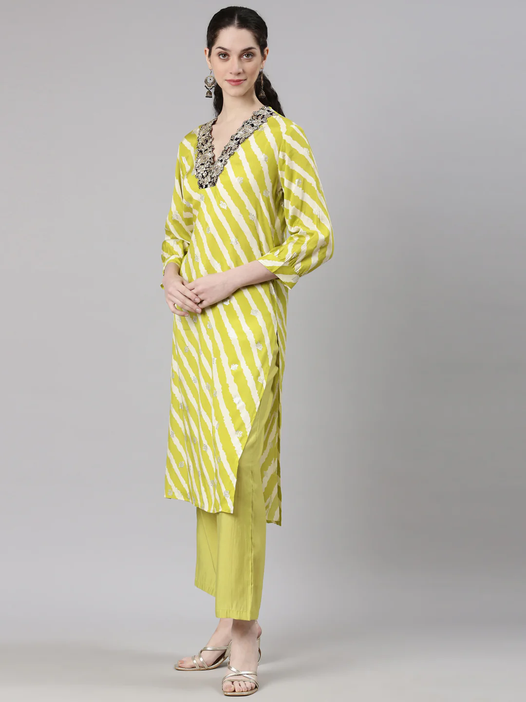 Neerus Yellow Straight Casual Leheriya Kurta and Plazzo - Image 2