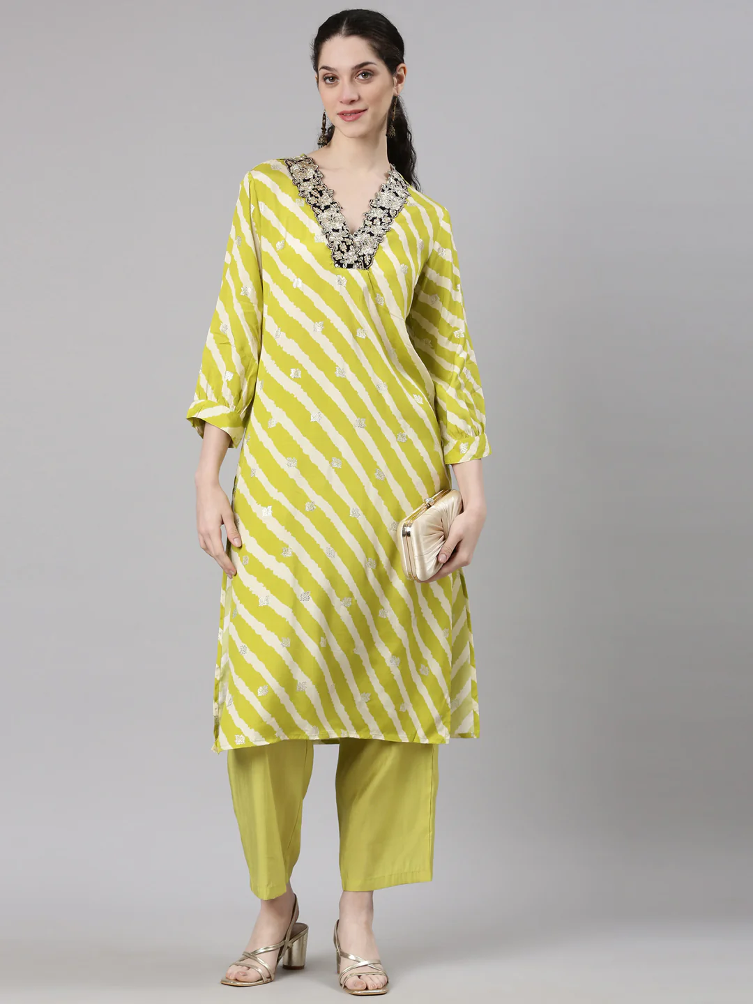 Neerus Yellow Straight Casual Leheriya Kurta and Plazzo - Image 6