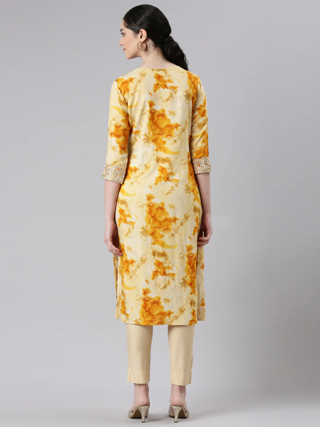 Neerus Yellow Straight Casual Panelled Kurta - Image 3