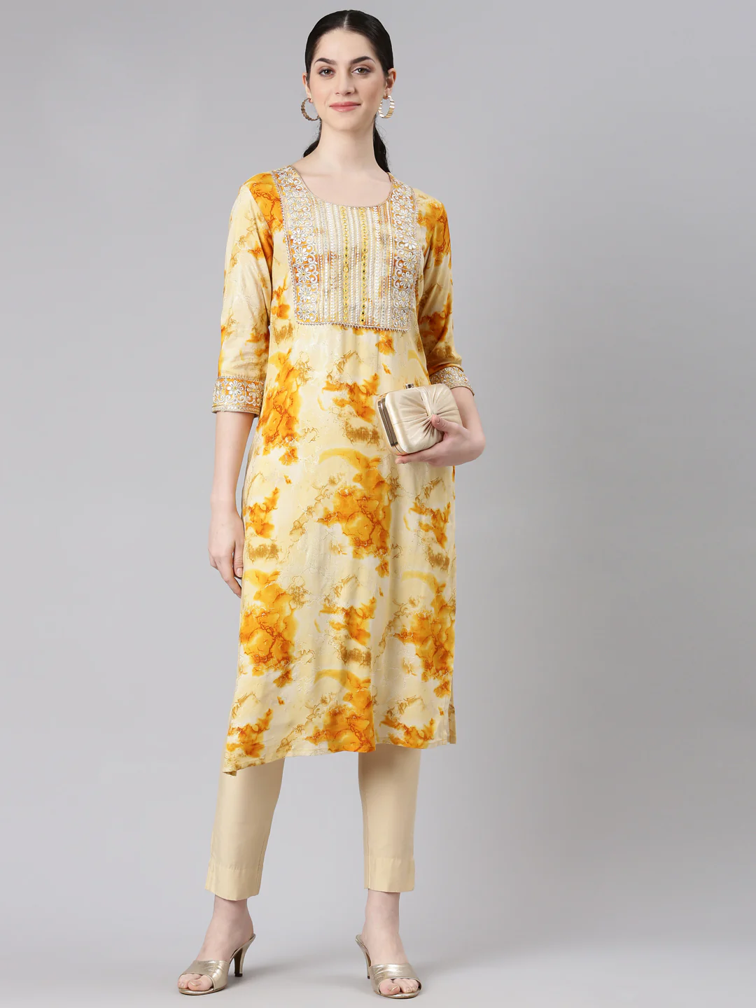 Neerus Yellow Straight Casual Panelled Kurta - Image 5