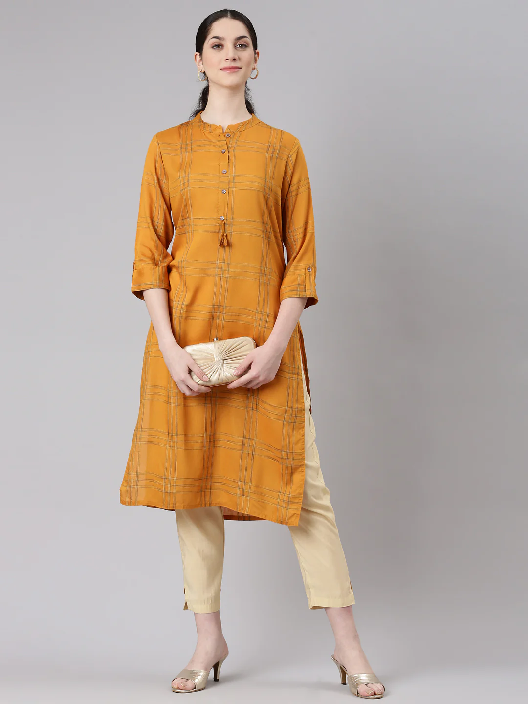 Neerus Yellow Straight Casual Striped Kurta - Image 5