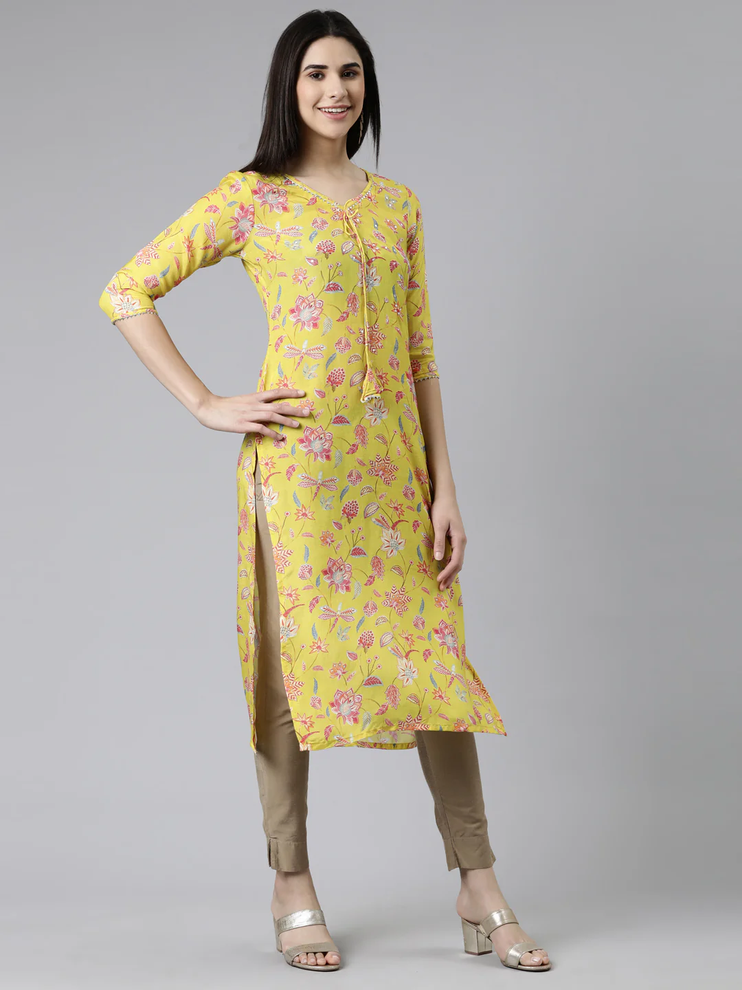 Neerus Yellow Straight Printed Cotton Silk Kurta - Image 2