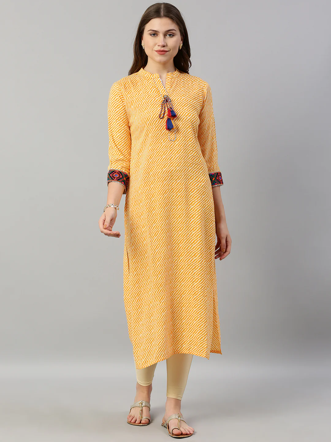 Neerus Yellow Striped Straight Kurta