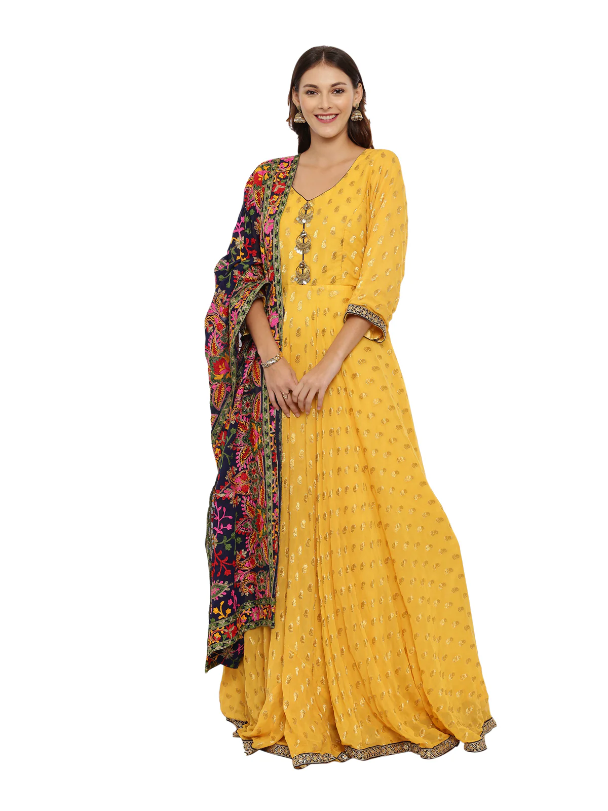 Neerus Yellow Textured Anarkali Kurta