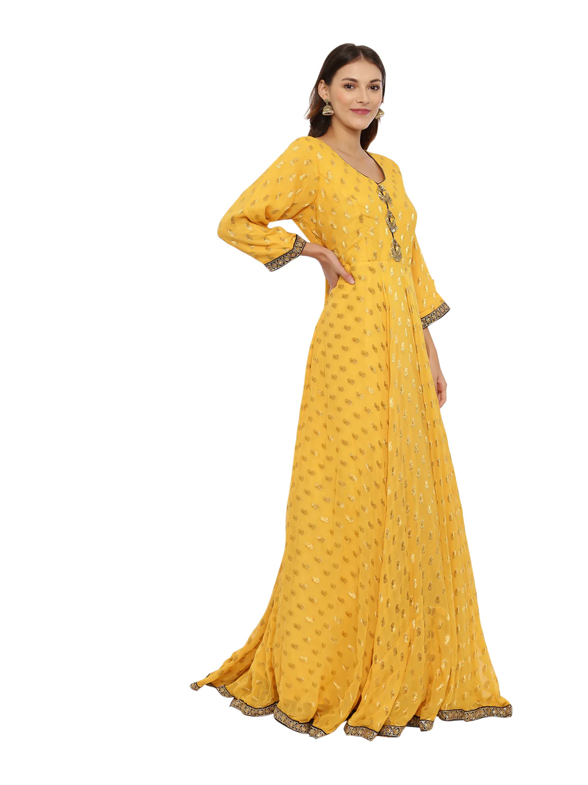 Neerus Yellow Textured Anarkali Kurta - Image 6