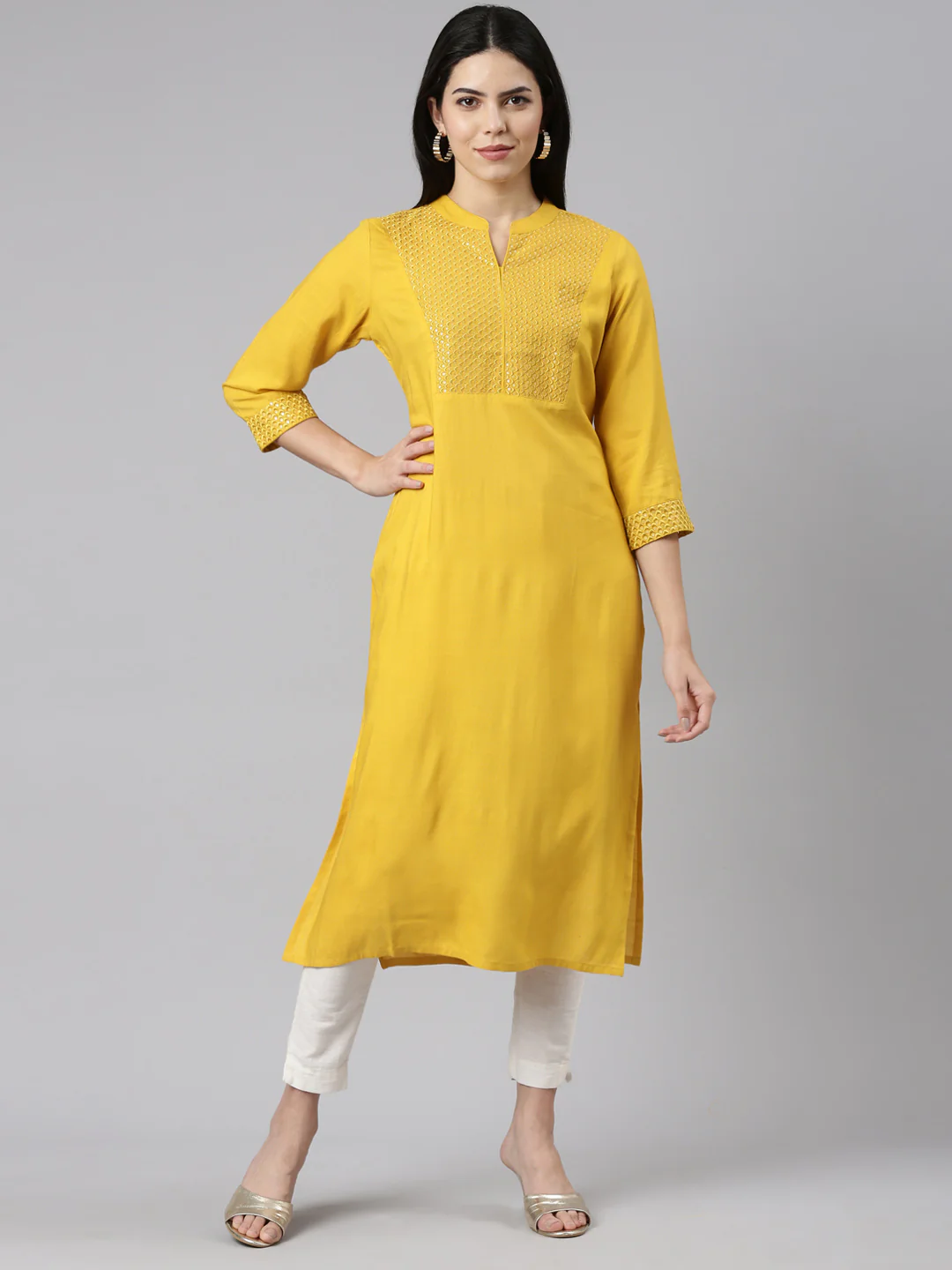 Neerus Yellow Tiered Straight Solid Kurta