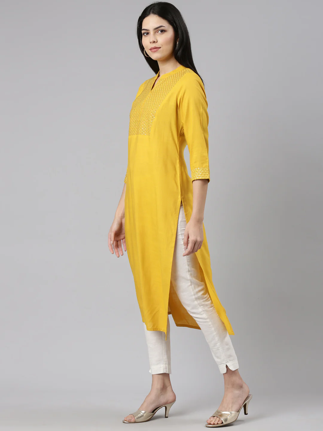 Neerus Yellow Tiered Straight Solid Kurta - Image 2