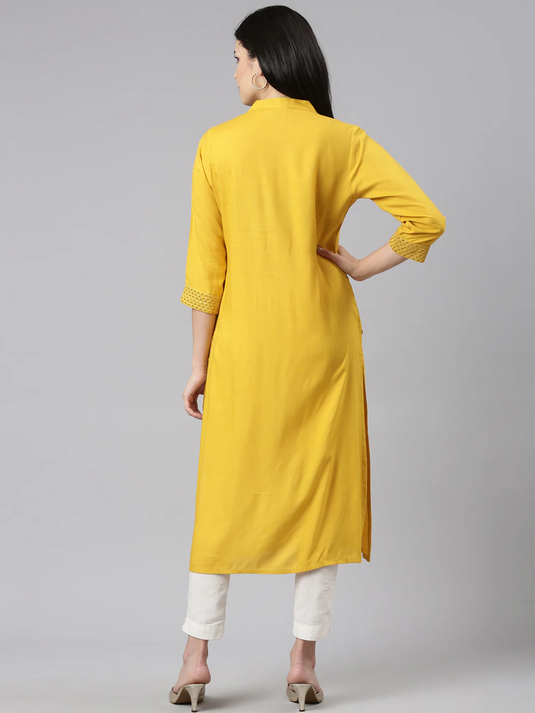 Neerus Yellow Tiered Straight Solid Kurta - Image 3