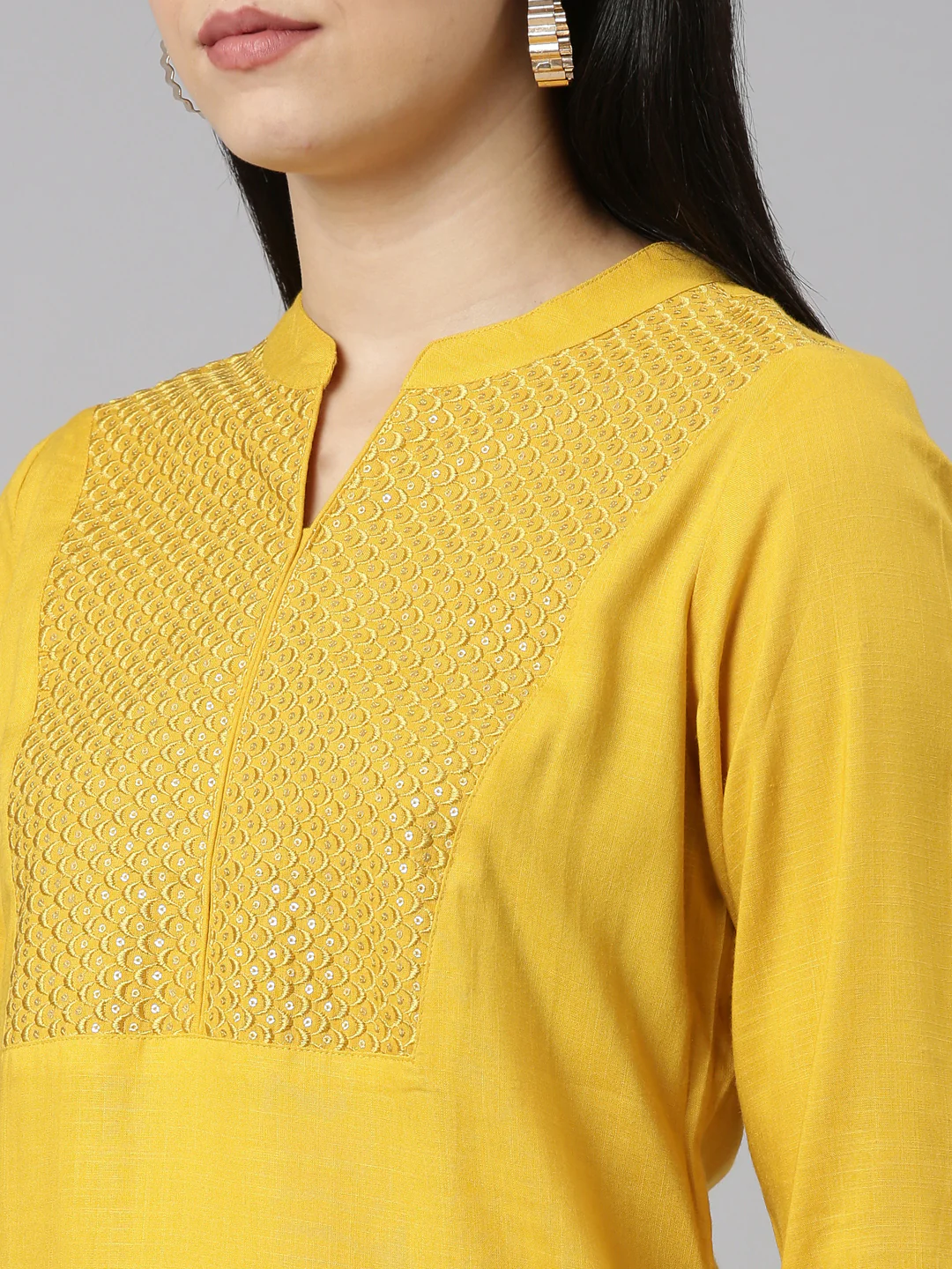 Neerus Yellow Tiered Straight Solid Kurta - Image 4