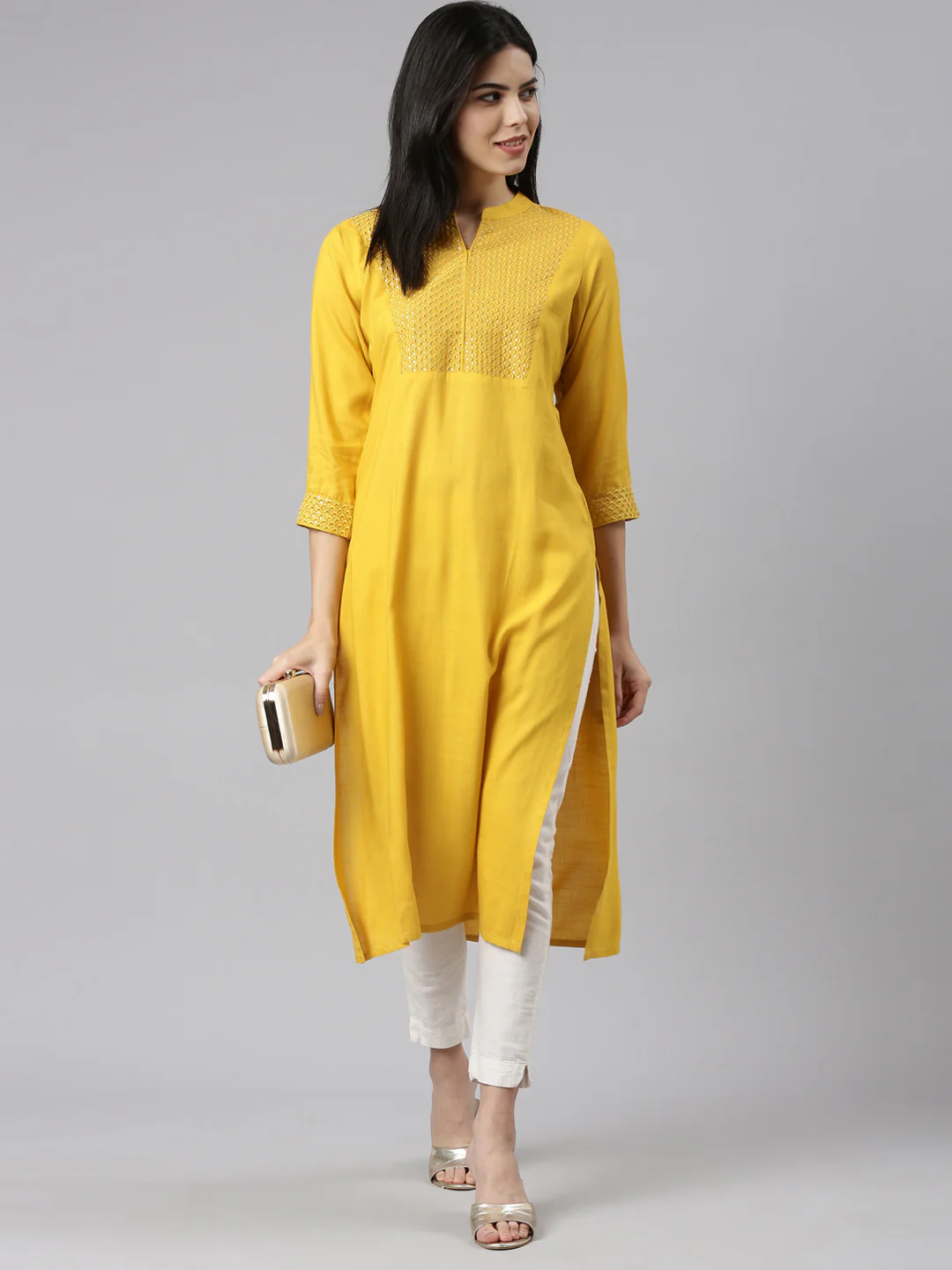 Neerus Yellow Tiered Straight Solid Kurta - Image 5