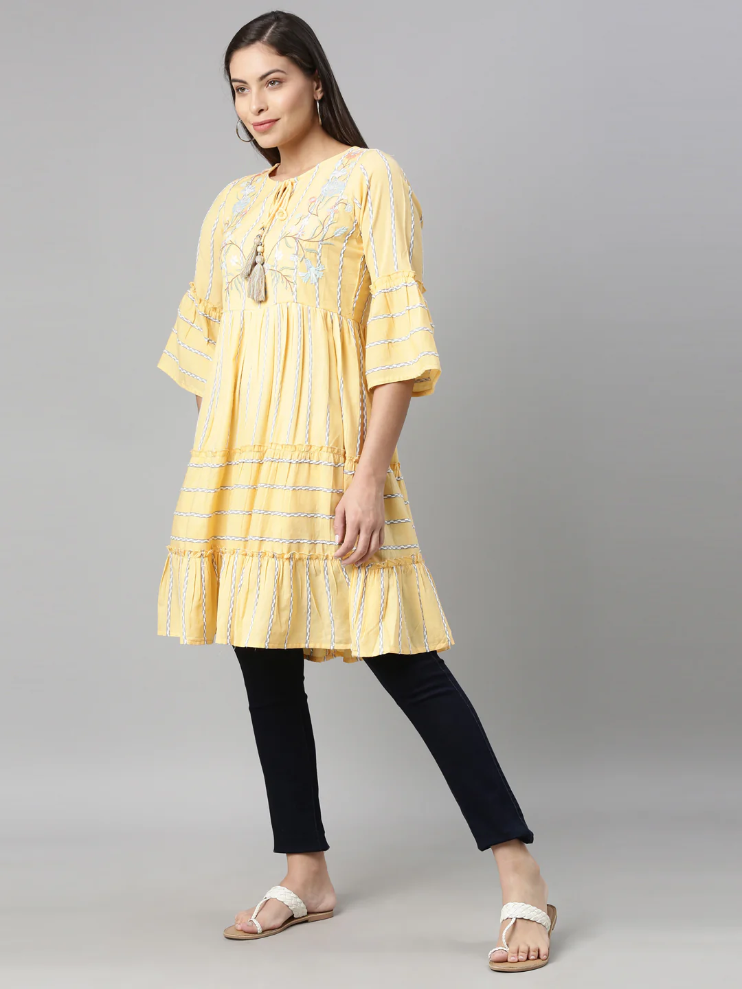 Neerus Yellow White Floral Yoke Design Flared Sleeves Tiered Kurti - Image 2