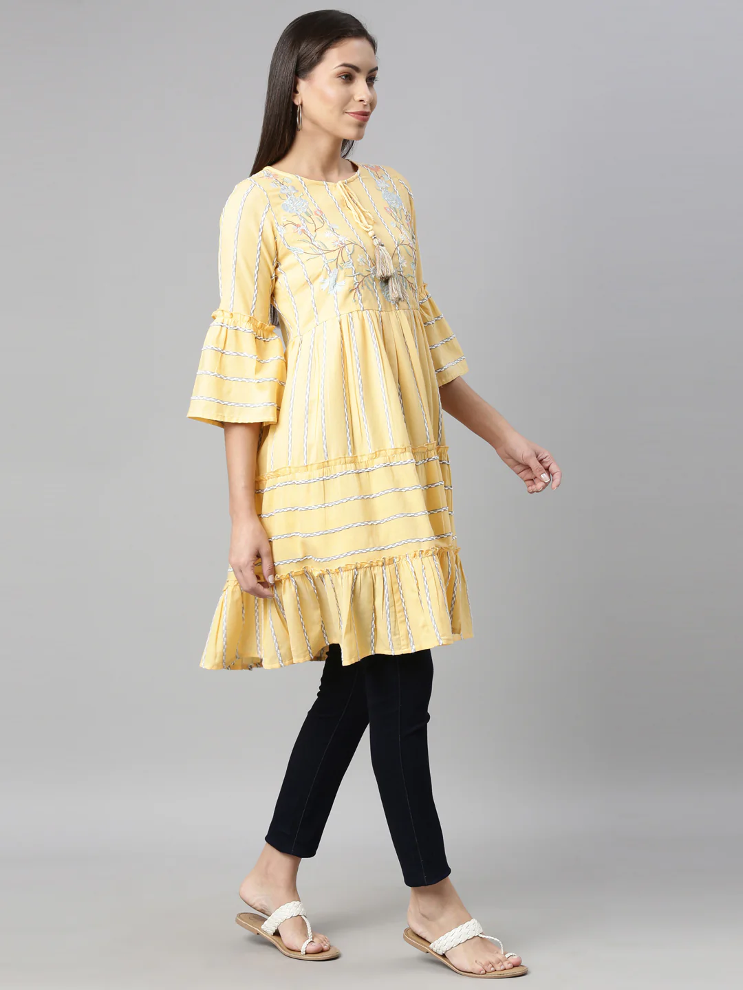 Neerus Yellow White Floral Yoke Design Flared Sleeves Tiered Kurti - Image 3