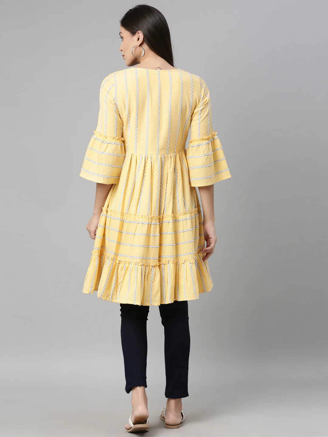Neerus Yellow White Floral Yoke Design Flared Sleeves Tiered Kurti - Image 4
