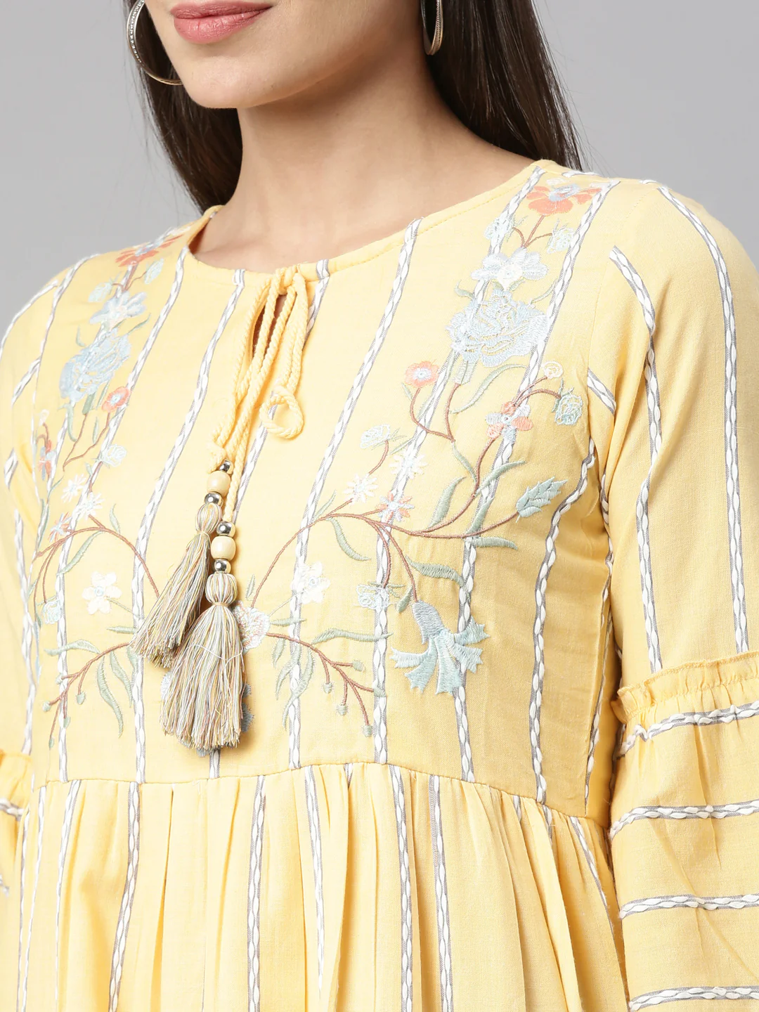 Neerus Yellow White Floral Yoke Design Flared Sleeves Tiered Kurti - Image 5