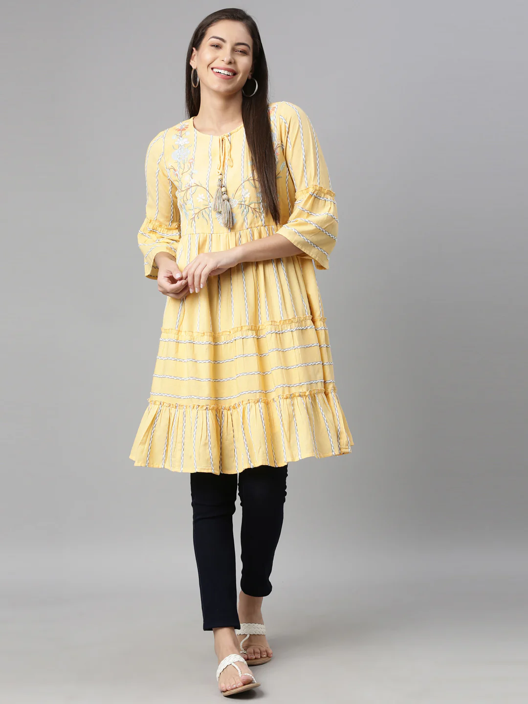 Neerus Yellow White Floral Yoke Design Flared Sleeves Tiered Kurti - Image 6