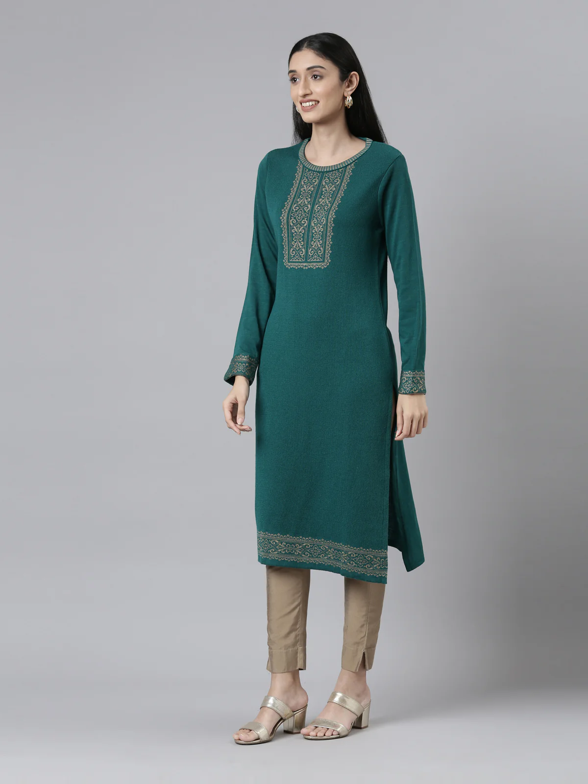 Neerus Yoke Design Straight Fit Calf Length Acrylic Kurta - Image 2