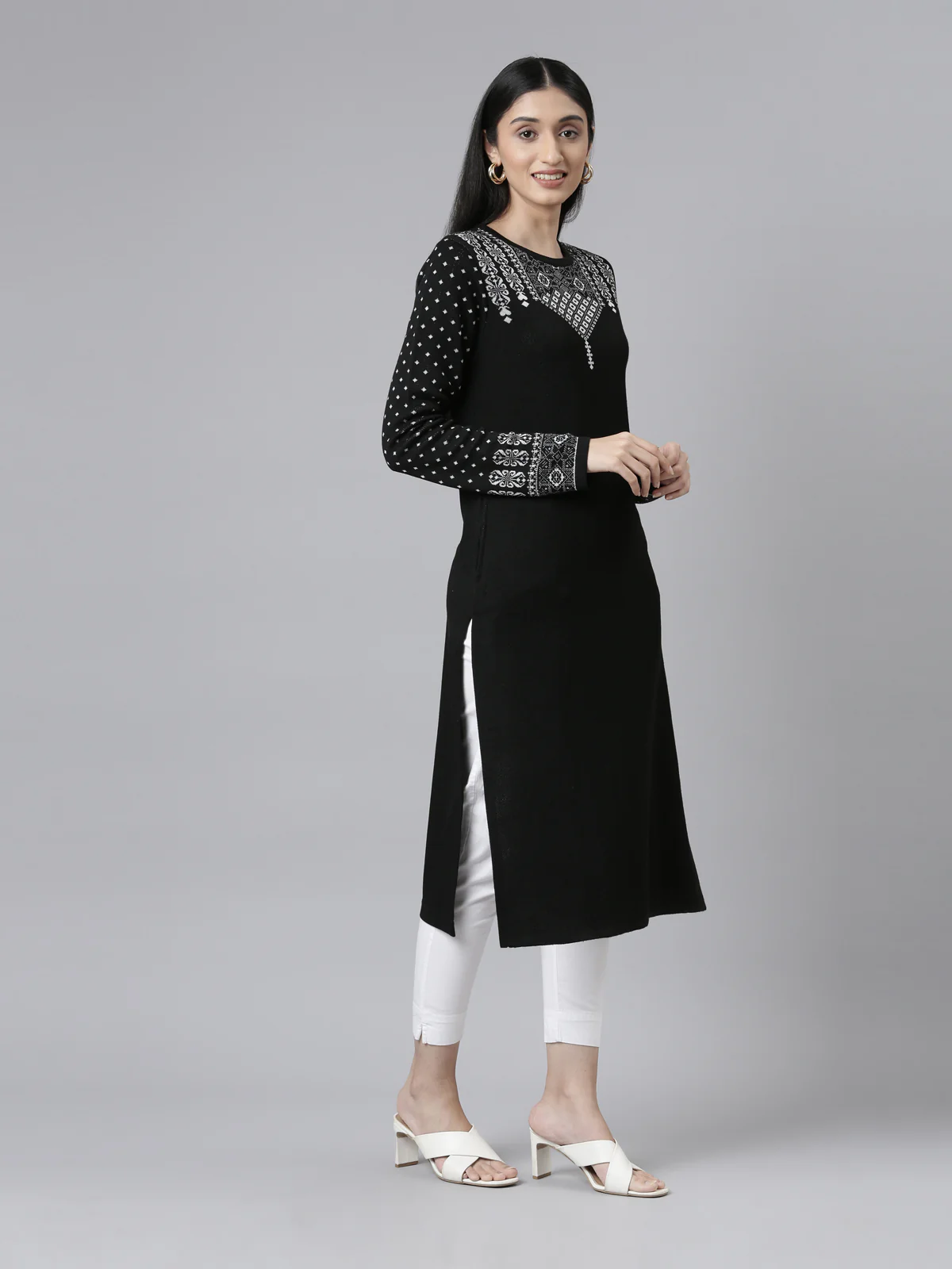 Neerus Winter Wear Yoke Design Straight Fit Calf Length Acrylic Kurta For Women - Image 5