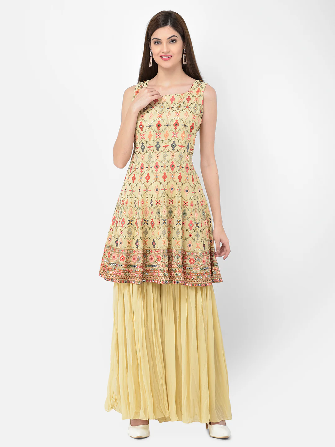 Neerus'S Beige Color Georgette Fabric Suit-Short Anarkali